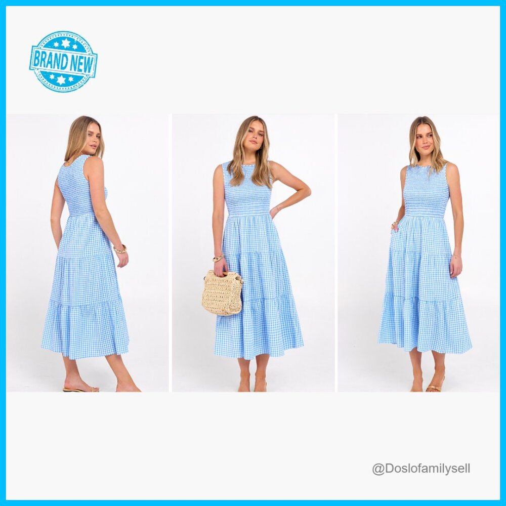 Sleeveless Crewneck Maxi Dress Smocked Tiered Boho Casual Beach Sundress - Picture 7 of 7